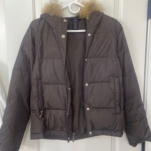 Brooks brothers brown puffer jacket with fur hood. Small stain on back